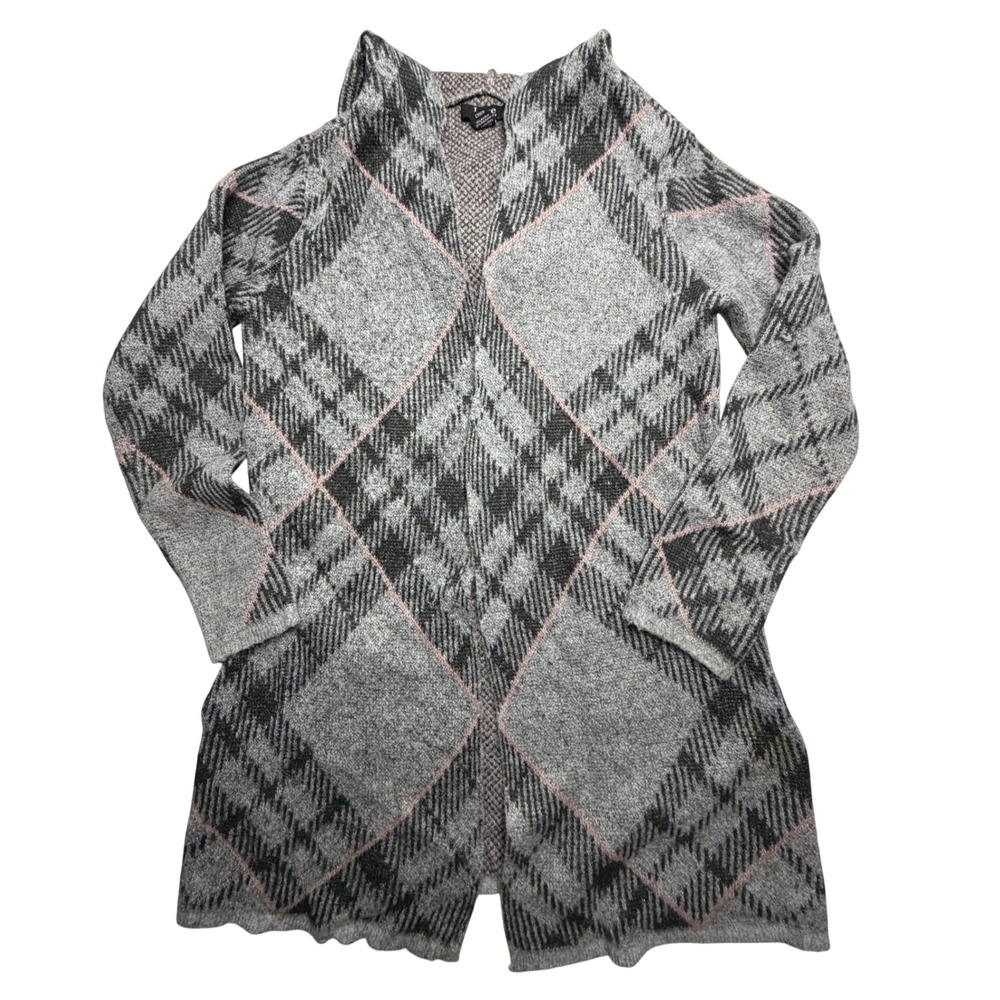 Love Ever After Hooded Cardigan Sweater Grey Pink Diamond Plaid Open Front Small